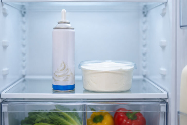 an open refrigerator interior. A can of aerosol whipped cream stands upright on the middle interior shelf, centered in frame. A sealed tub of whipped topping sits beside it on the same shelf