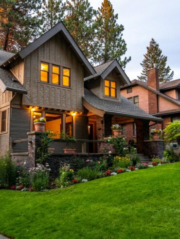 A beautifully lit Victorian-style house surrounded by a lush garden at twilight, showcasing classic architecture.