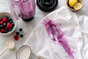a large berry stain on a white shirt from a blender spill on a counter with cleaning supplies