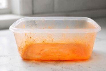 A close-up of a clear plastic food storage container with a vivid orange-stained interior, sitting on a white kitchen counter.