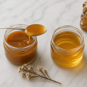 Two open jars of honey side by side. The left jar is manuka. The right jar is lighter, more golden and clearly more fluid — regular clover honey. A single silver spoon rests across the manuka jar with a slow dark drip. A small bear-shaped honey bottle sits slightly behind and out of focus to the right, suggesting the supermarket alternative. One dried manuka flower sprig placed loosely between the jars