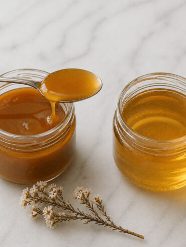 Two open jars of honey side by side. The left jar is manuka. The right jar is lighter, more golden and clearly more fluid — regular clover honey. A single silver spoon rests across the manuka jar with a slow dark drip. A small bear-shaped honey bottle sits slightly behind and out of focus to the right, suggesting the supermarket alternative. One dried manuka flower sprig placed loosely between the jars
