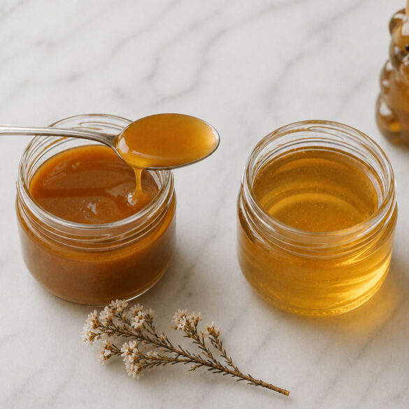 Two open jars of honey side by side. The left jar is manuka. The right jar is lighter, more golden and clearly more fluid — regular clover honey. A single silver spoon rests across the manuka jar with a slow dark drip. A small bear-shaped honey bottle sits slightly behind and out of focus to the right, suggesting the supermarket alternative. One dried manuka flower sprig placed loosely between the jars