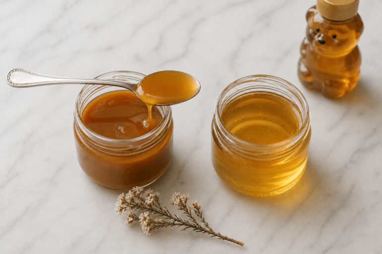 Two open jars of honey side by side. The left jar is manuka. The right jar is lighter, more golden and clearly more fluid — regular clover honey. A single silver spoon rests across the manuka jar with a slow dark drip. A small bear-shaped honey bottle sits slightly behind and out of focus to the right, suggesting the supermarket alternative. One dried manuka flower sprig placed loosely between the jars