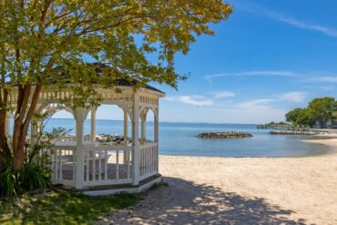 Ferry Park Beach Rock Hall Maryland white gazebo and Chesapeake Bay | Photo: Better Living