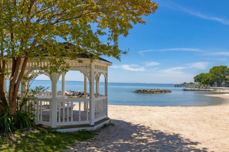 Ferry Park Beach Rock Hall Maryland white gazebo and Chesapeake Bay | Photo: Better Living