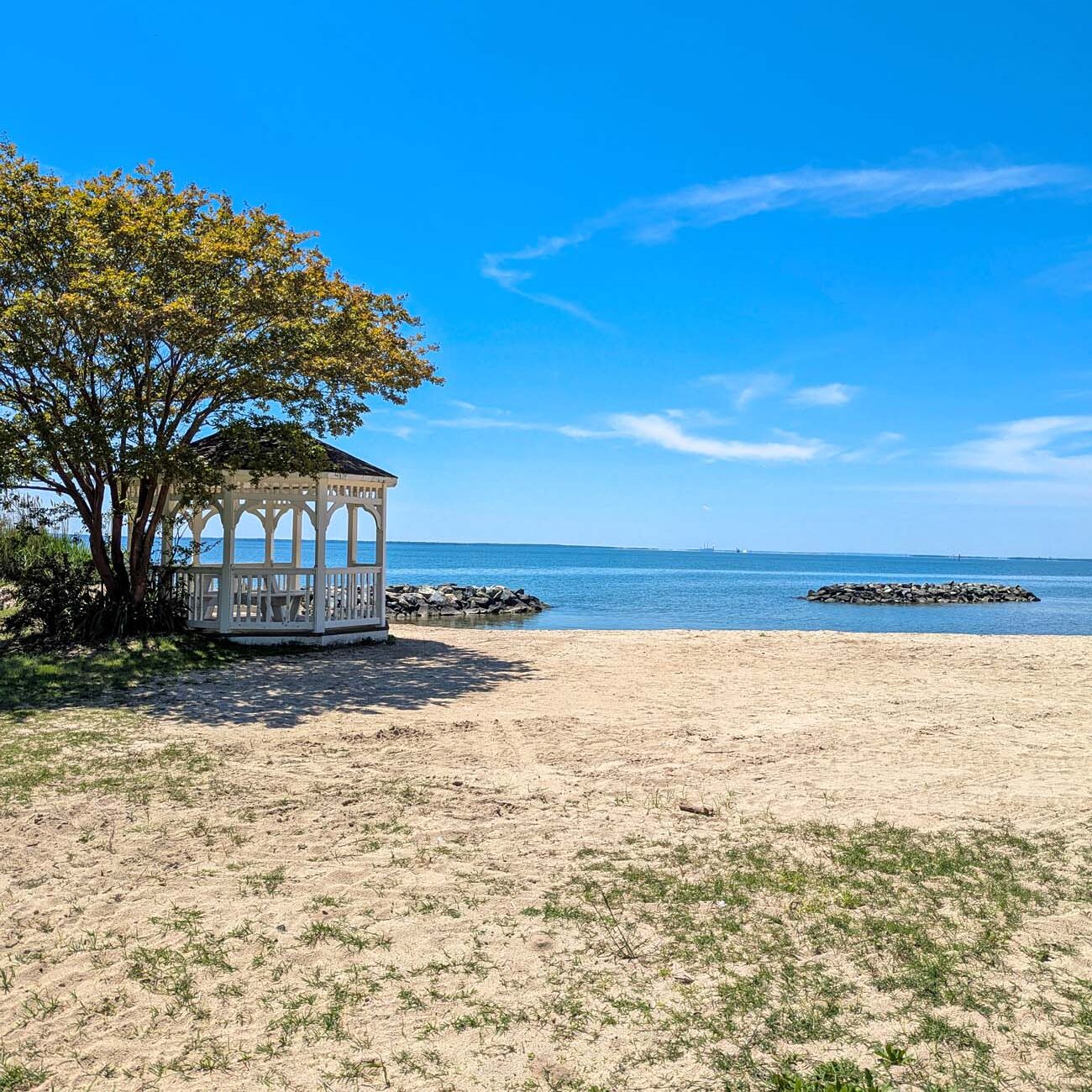 Ferry Park Beach Rock Hall Maryland white gazebo and Chesapeake Bay