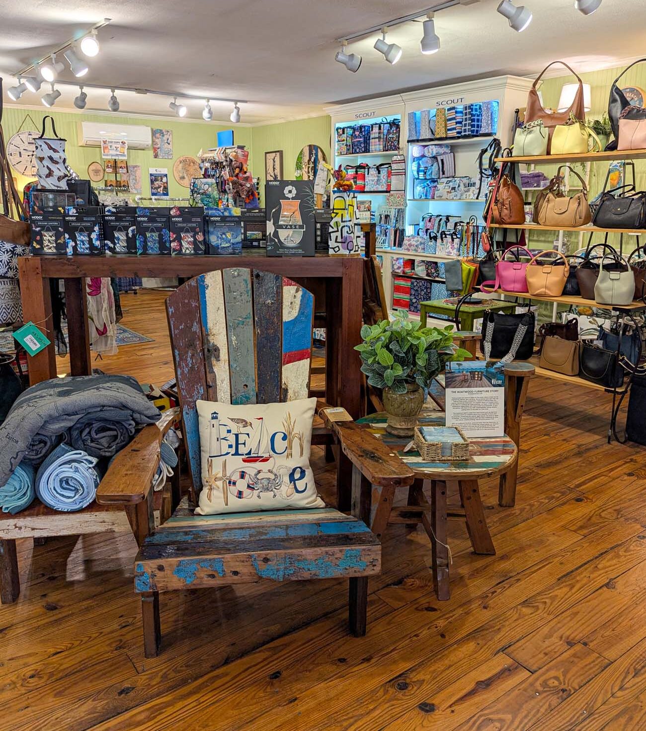 Hickory Stick interior Rock Hall Maryland boatwood chair and Scout bags