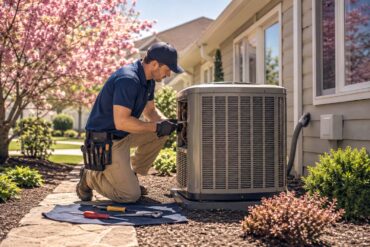 A residential HVAC technician performing a seasonal tune-up on an outdoor air conditioning unit on a bright spring day, suburban home in the background, tools laid out neatly on a cloth beside the unit, natural warm lighting, photorealistic, editorial lifestyle photography style