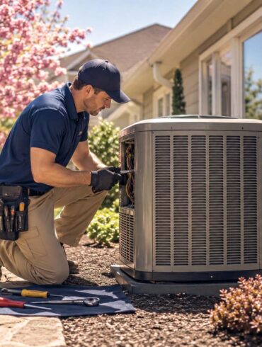 A residential HVAC technician performing a seasonal tune-up on an outdoor air conditioning unit on a bright spring day, suburban home in the background, tools laid out neatly on a cloth beside the unit, natural warm lighting, photorealistic, editorial lifestyle photography style