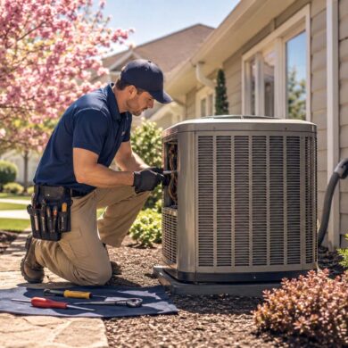 A residential HVAC technician performing a seasonal tune-up on an outdoor air conditioning unit on a bright spring day, suburban home in the background, tools laid out neatly on a cloth beside the unit, natural warm lighting, photorealistic, editorial lifestyle photography style