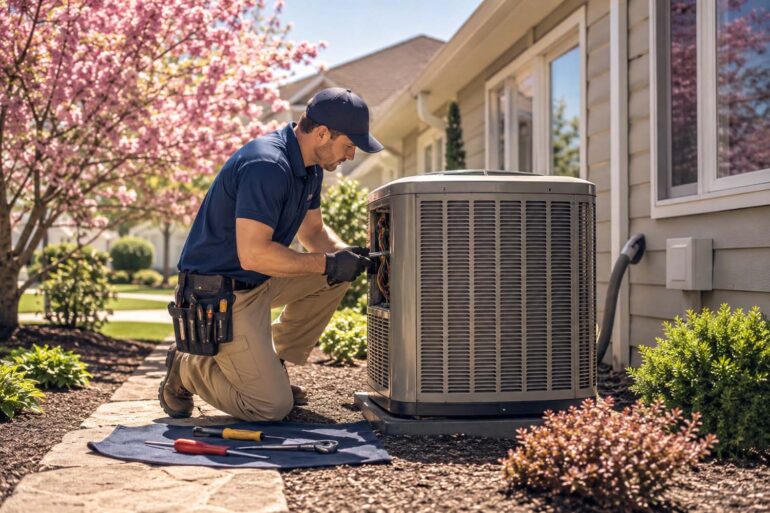 A residential HVAC technician performing a seasonal tune-up on an outdoor air conditioning unit on a bright spring day, suburban home in the background, tools laid out neatly on a cloth beside the unit, natural warm lighting, photorealistic, editorial lifestyle photography style