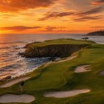 a dramatic sunset while golfing in luxury along a coastal cliff