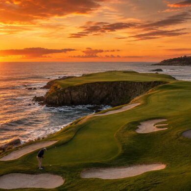 a dramatic sunset while golfing in luxury along a coastal cliff