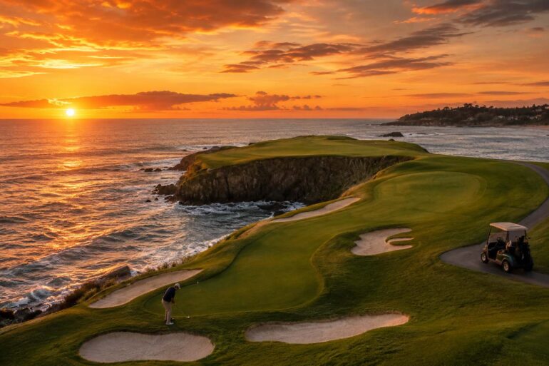 a dramatic sunset while golfing in luxury along a coastal cliff