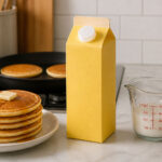 A quart carton of buttermilk. Left: small stack of golden pancakes on a white plate. Right: a single measuring cup with a splash of buttermilk