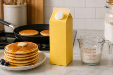 A quart carton of buttermilk. Left: small stack of golden pancakes on a white plate. Right: a single measuring cup with a splash of buttermilk