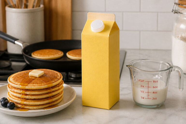 A quart carton of buttermilk. Left: small stack of golden pancakes on a white plate. Right: a single measuring cup with a splash of buttermilk