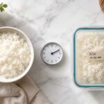 Overhead flat lay on a white marble surface. Left side: a bowl of freshly cooked white rice, steam implied by soft lighting. Right side: a sealed glass container of leftover cooked rice with a date label visible. Center: a small clock suggesting the 2-hour time rule.