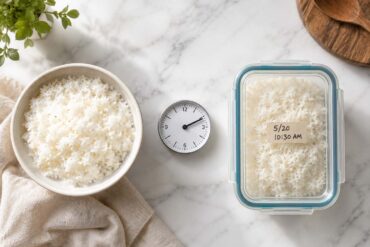 Overhead flat lay on a white marble surface. Left side: a bowl of freshly cooked white rice, steam implied by soft lighting. Right side: a sealed glass container of leftover cooked rice with a date label visible. Center: a small clock suggesting the 2-hour time rule.