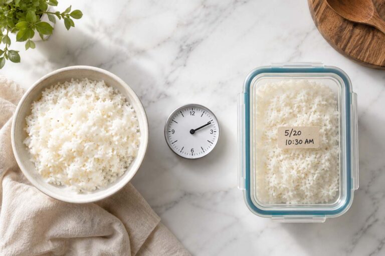 Overhead flat lay on a white marble surface. Left side: a bowl of freshly cooked white rice, steam implied by soft lighting. Right side: a sealed glass container of leftover cooked rice with a date label visible. Center: a small clock suggesting the 2-hour time rule.