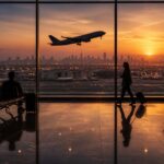 A wide, cinematic view inside a modern airport terminal at sunset. Polished, reflective floors mirror rows of sleek black seats and a few silhouetted travelers—one seated, one walking with a carry-on, and one standing near the glass. Through floor-to-ceiling windows, a jet airliner takes off against a warm orange sky. In the distance, a softly hazed city skyline rises beyond runways and low airport buildings dotted with lights
