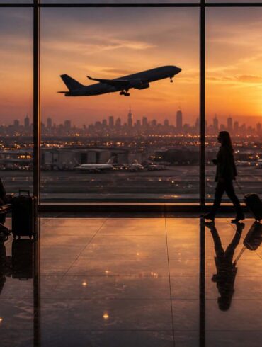 A wide, cinematic view inside a modern airport terminal at sunset. Polished, reflective floors mirror rows of sleek black seats and a few silhouetted travelers—one seated, one walking with a carry-on, and one standing near the glass. Through floor-to-ceiling windows, a jet airliner takes off against a warm orange sky. In the distance, a softly hazed city skyline rises beyond runways and low airport buildings dotted with lights