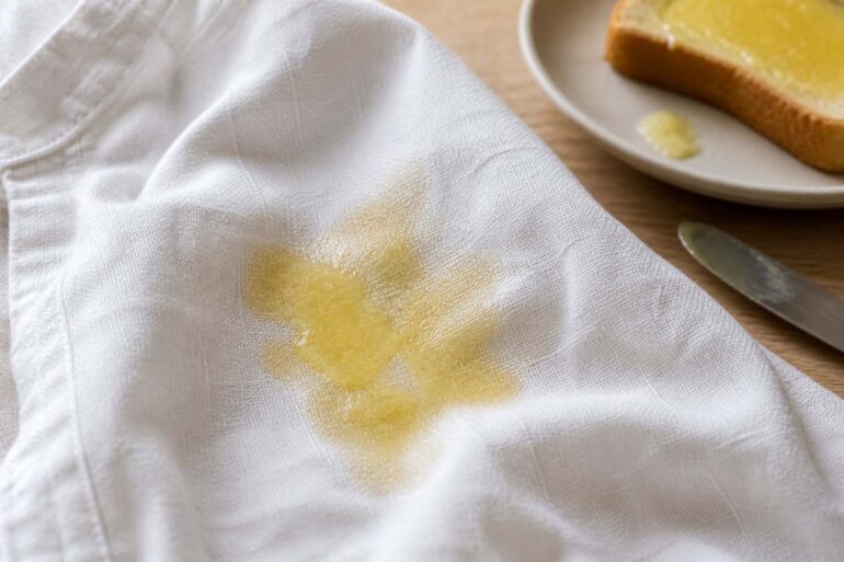 Photorealistic close-up of a fresh melted butter stain spreading across a white linen shirt, the fabric visibly absorbing the butter
