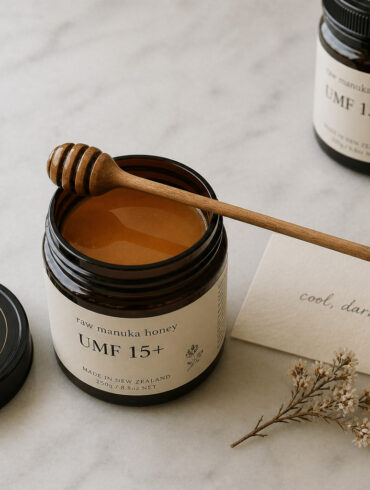 Overhead flat lay on honed white marble. A single open jar of dark amber manuka honey, lid resting beside it, a dry wooden honey spoon across the top. Beside it a small handwritten card reading "cool, dark, dry" in minimal script, slightly angled. One dried manuka flower sprig placed loosely nearby. A second sealed jar slightly out of focus in the background suggesting long-term storage.