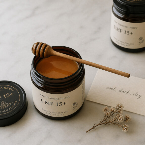Overhead flat lay on honed white marble. A single open jar of dark amber manuka honey, lid resting beside it, a dry wooden honey spoon across the top. Beside it a small handwritten card reading "cool, dark, dry" in minimal script, slightly angled. One dried manuka flower sprig placed loosely nearby. A second sealed jar slightly out of focus in the background suggesting long-term storage.