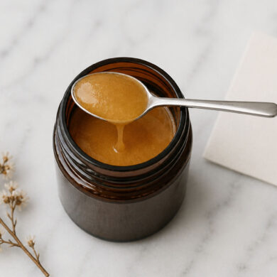 Overhead view of an open amber glass jar filled with thick, golden-brown manuka honey on a white marble surface. A small stainless steel spoon rests across the jar, with a slow drip of honey falling back inside. To the right, a slightly out-of-focus off-white card shows a handwritten question mark. To the left, a delicate dried flower sprig lies on the marble.