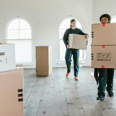 movers bringing in boxes for a family that has moved between states
