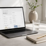A minimal desk scene from a slight angle. A open laptop showing a clean banking dashboard, a glass of water, and a single pen resting on a closed notebook.