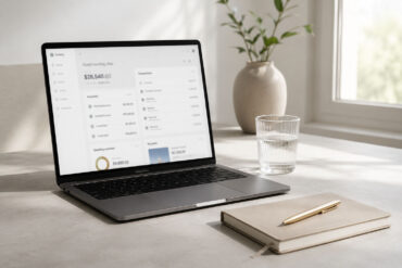 A minimal desk scene from a slight angle. A open laptop showing a clean banking dashboard, a glass of water, and a single pen resting on a closed notebook.