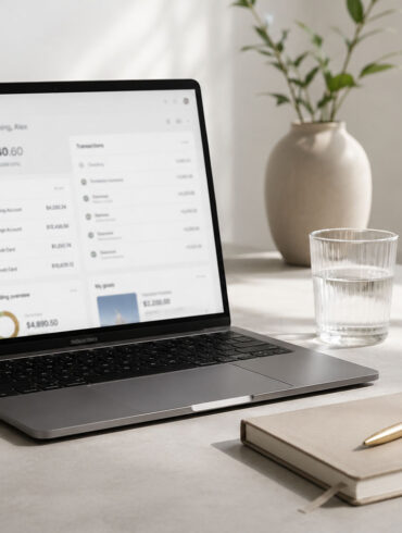 A minimal desk scene from a slight angle. A open laptop showing a clean banking dashboard, a glass of water, and a single pen resting on a closed notebook.