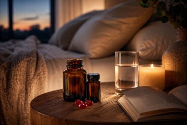 A calm, softly lit bedroom nightstand at dusk, small amber glass supplement bottles and a few gummies arranged naturally alongside a glass of water and an open book, warm candlelight, cozy linen textures in the background