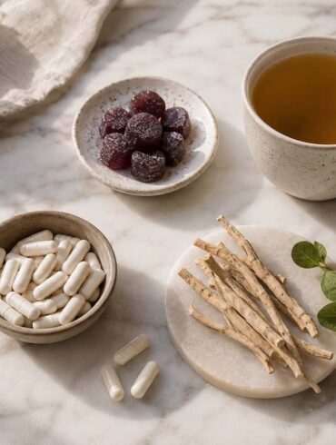 Flat lay of natural sleep supplements on a warm white marble surface, magnesium capsules, a small dish of CBD gummies, a sprig of ashwagandha root, and a cup of herbal tea, soft natural morning light from the side, clean and minimal lifestyle photography, muted earth tones