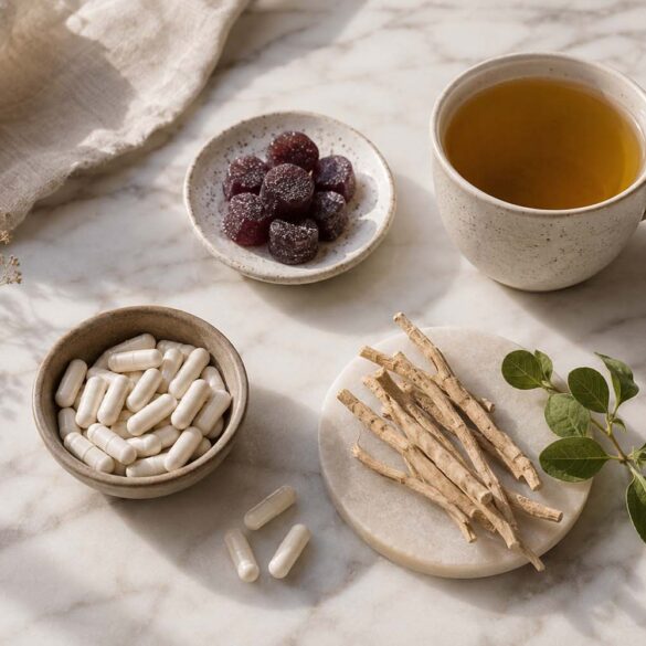 Flat lay of natural sleep supplements on a warm white marble surface, magnesium capsules, a small dish of CBD gummies, a sprig of ashwagandha root, and a cup of herbal tea, soft natural morning light from the side, clean and minimal lifestyle photography, muted earth tones