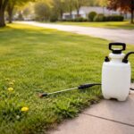 a sprayer of weed killer on a suburban front lawn
