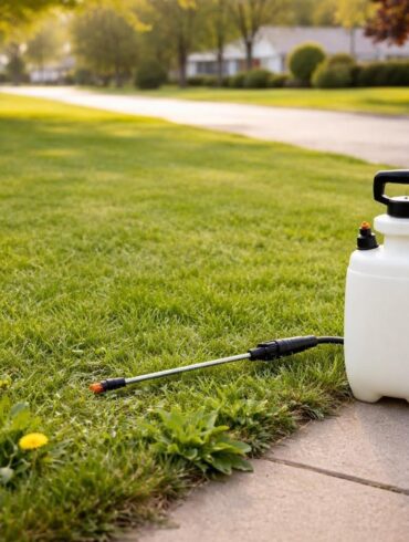a sprayer of weed killer on a suburban front lawn