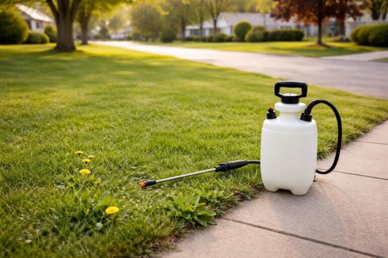 a sprayer of weed killer on a suburban front lawn