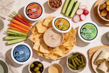 a selection of bitchin sauces and foods to dip in