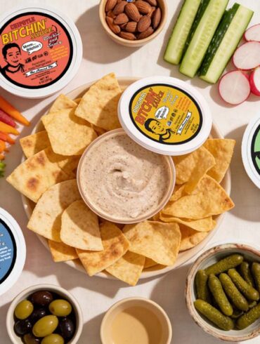 a selection of bitchin sauces and foods to dip in