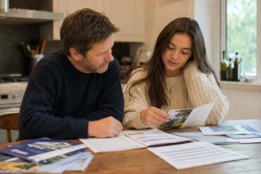 A parent and teenage child sitting together at a kitchen table reviewing college brochures and financial paperwork