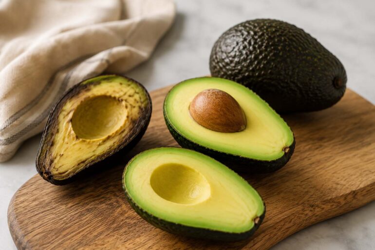 Fresh ripe avocados on a rustic wooden board, including one halved avocado with the pit and another halved avocado showing creamy green flesh, styled on a neutral linen backdrop