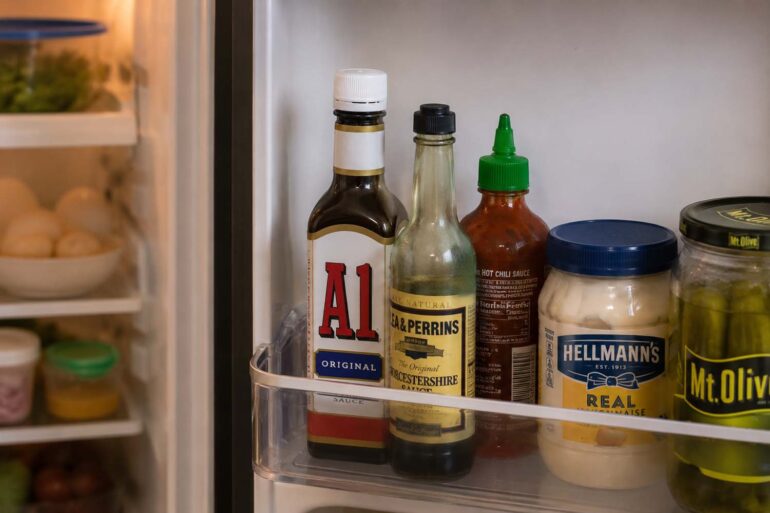 A bottle of A1 steak sauce on a refrigerator shelf next to other condiments, door slightly open