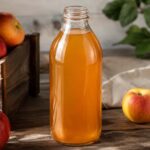 Close-up of a clear glass bottle filled with amber apple cider vinegar on a rustic wooden table, surrounded by fresh red apples in warm natural light with a softly blurred background.