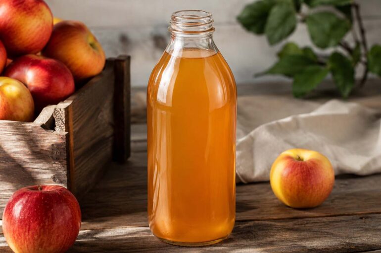 Close-up of a clear glass bottle filled with amber apple cider vinegar on a rustic wooden table, surrounded by fresh red apples in warm natural light with a softly blurred background.