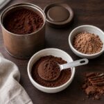 Clean flat lay on a dark wood surface showing a cocoa powder tin with its lid beside it, a small white ceramic bowl with a mound of dark brown cocoa powder and a dry measuring tablespoon resting in it, and a second small bowl showing a lighter natural cocoa powder