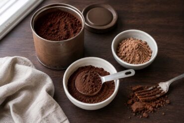 Clean flat lay on a dark wood surface showing a cocoa powder tin with its lid beside it, a small white ceramic bowl with a mound of dark brown cocoa powder and a dry measuring tablespoon resting in it, and a second small bowl showing a lighter natural cocoa powder